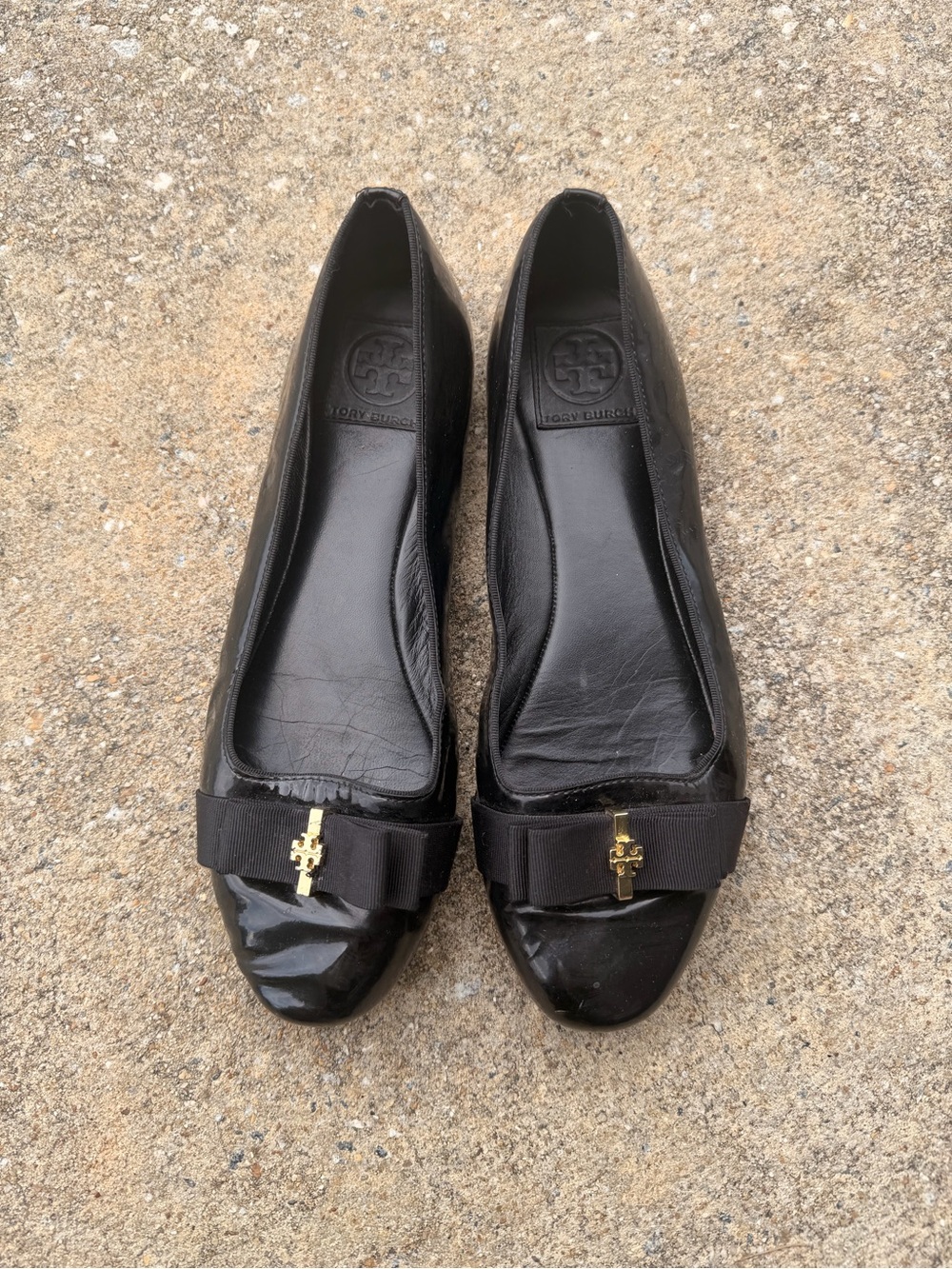 Tory Burch Black Patent Leather Bow Flats with Gold Logo